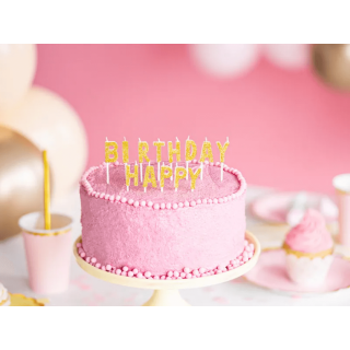 Dortová svíčka Happy Birthday, zlatá barva s glitry, 2.5cm (zn. PartyDeco)