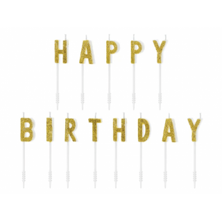 Dortová svíčka Happy Birthday, zlatá barva s glitry, 2.5cm (zn. PartyDeco)