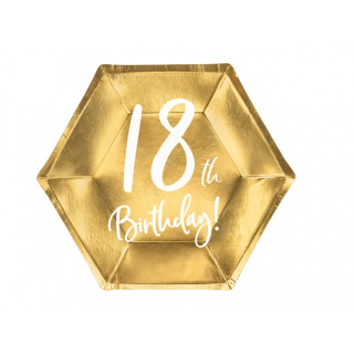 Papírové talířky pro 18. narozeniny / 18th birthday, 20x17cm, zlatá barva (zn. PartyDeco)