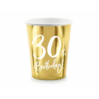 Papírové kelímky pro 30. narozeniny 30th birthday, zlaté, 220ml, set 6ks (zn. PartyDeco)