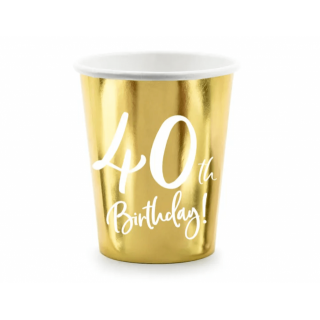 Papírové kelímky pro 40. narozeniny / 40th Birthday, zlaté, 220ml, set 6ks (zn. PartyDeco)