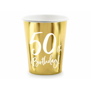 Papírové kelímky pro 50. narozeniny / 50th Birthday, zlaté, 220ml, set 6ks (zn. PartyDeco)