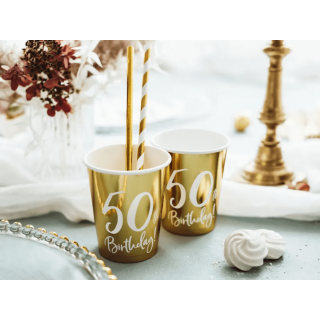 Papírové kelímky pro 50. narozeniny / 50th Birthday, zlaté, 220ml, set 6ks (zn. PartyDeco)