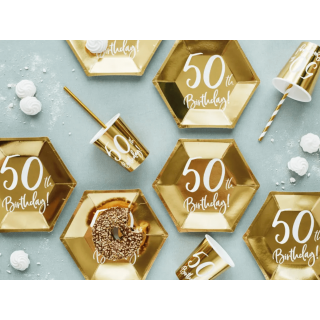 Papírové kelímky pro 50. narozeniny / 50th Birthday, zlaté, 220ml, set 6ks (zn. PartyDeco)