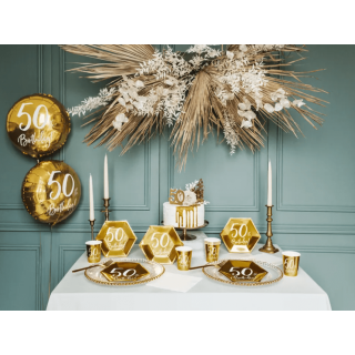 Papírové kelímky pro 50. narozeniny / 50th Birthday, zlaté, 220ml, set 6ks (zn. PartyDeco)