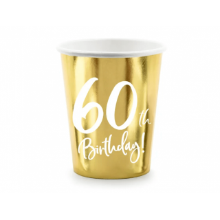 Papírové kelímky pro 60. narozeniny / 60th Birthday, zlaté, 220ml, set 6ks (zn. PartyDeco)