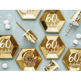 Papírové kelímky pro 60. narozeniny / 60th Birthday, zlaté, 220ml, set 6ks (zn. PartyDeco)