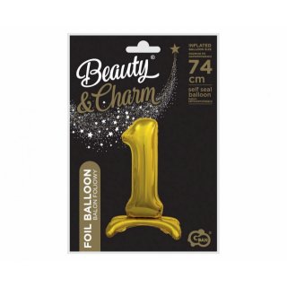 Fóliový balónek ČÍSLICE 1, stojací pouze na vzduch - zlatá barva, 74cm (zn. Godan)