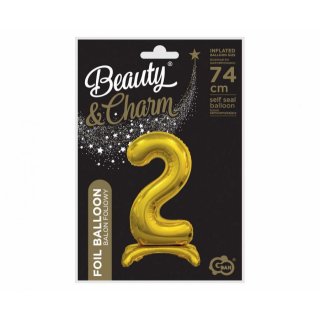 Fóliový balónek ČÍSLICE 2, stojací pouze na vzduch - zlatá barva, 74cm (zn. Godan)