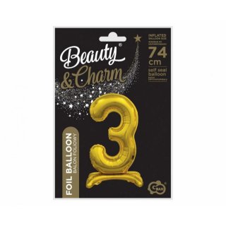 Fóliový balónek ČÍSLICE 3, stojací pouze na vzduch - zlatá barva, 74cm (zn. Godan)