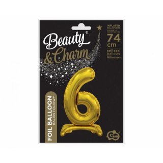 Fóliový balónek ČÍSLICE 6, stojací pouze na vzduch - zlatá barva, 74cm (zn. Godan)