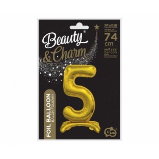 Fóliový balónek ČÍSLICE 5, stojací pouze na vzduch - zlatá barva, 74cm (zn. Godan)