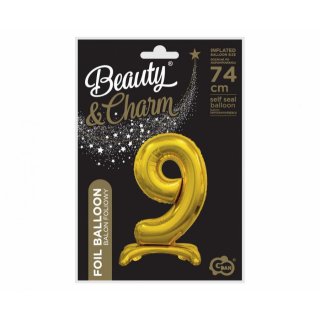 Fóliový balónek ČÍSLICE 9, stojací pouze na vzduch - zlatá barva, 74cm (zn. Godan)