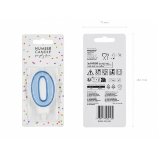 Dortová svíčka, ČÍSLICE 0 s okraji, modrá barva, velikost 7cm (zn. PartyDeco)