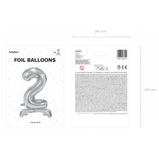 Stojací fóliový balónek Číslo ''2'', 70cm, stříbrný