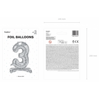 Stojací fóliový balónek Číslo ''3'', 70cm, stříbrný