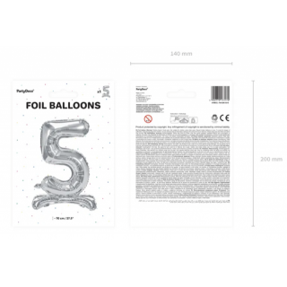 Stojací fóliový balónek Číslo ''5'', 70cm, stříbrný