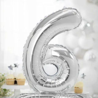 Stojací fóliový balónek Číslo ''6'', 70cm, stříbrný