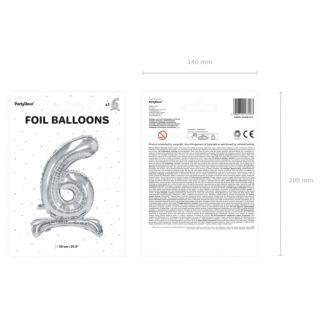 Stojací fóliový balónek Číslo ''6'', 70cm, stříbrný