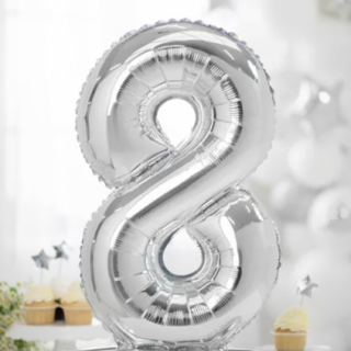 Stojací fóliový balónek Číslo ''8'', 70cm, stříbrný