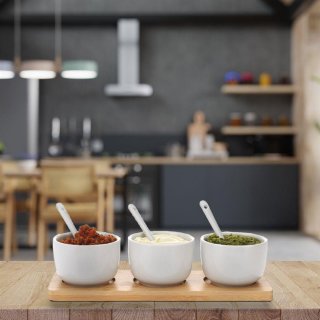Servírovací sada - porcelánové misky se lžičkou na omáčky, bambusové prkénko - set 7ks (zn. ExcellentHousware)