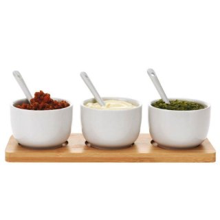 Servírovací sada - porcelánové misky se lžičkou na omáčky, bambusové prkénko - set 7ks (zn. ExcellentHousware)