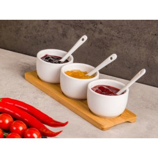 Servírovací sada - porcelánové misky se lžičkou na omáčky, bambusové prkénko - set 7ks (zn. ExcellentHousware)