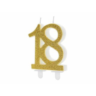 Dortová svíčka pro 18. narozeniny, zlatá glitrovaná barva, velikost 7.5cm (zn. PartyDeco)