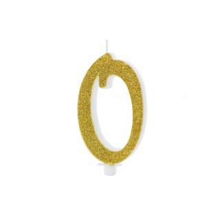 Velká svíčka na dort, ČÍSLICE 0, zlatá glitrovaná barva, výška 10cm (zn. PartyDeco)