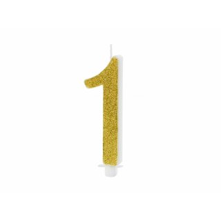Velká svíčka na dort, ČÍSLICE 1, zlatá glitrovaná barva, výška 10cm (zn. PartyDeco)