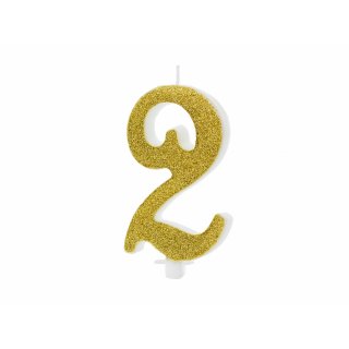 Velká svíčka na dort, ČÍSLICE 2, zlatá glitrovaná barva, výška 10cm (zn. PartyDeco)