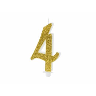 Velká svíčka na dort, ČÍSLICE 4, zlatá glitrovaná barva, výška 10cm (zn. PartyDeco)