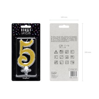 Velká svíčka na dort, ČÍSLICE 5, zlatá glitrovaná barva, výška 10cm (zn. PartyDeco)