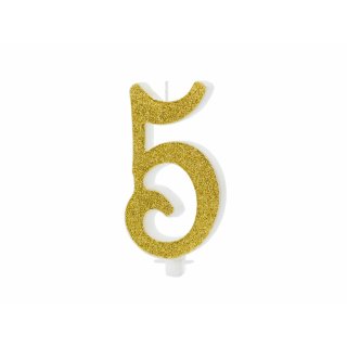 Velká svíčka na dort, ČÍSLICE 5, zlatá glitrovaná barva, výška 10cm (zn. PartyDeco)