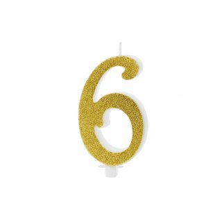 Velká svíčka na dort, ČÍSLICE 6, zlatá glitrovaná barva, výška 10cm (zn. PartyDeco)