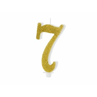 Velká svíčka na dort, ČÍSLICE 7, zlatá glitrovaná barva, výška 10cm (zn. PartyDeco)