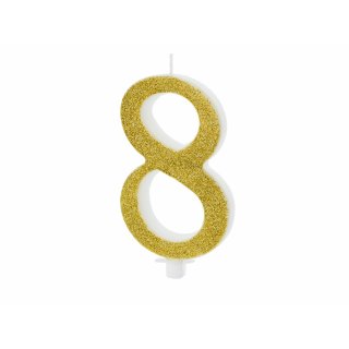 Velká svíčka na dort, ČÍSLICE 8, zlatá glitrovaná barva, výška 10cm (zn. PartyDeco)