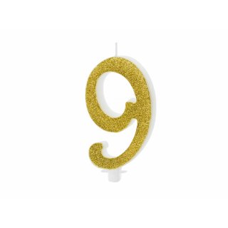 Velká svíčka na dort, ČÍSLICE 9, zlatá glitrovaná barva, výška 10cm (zn. PartyDeco)