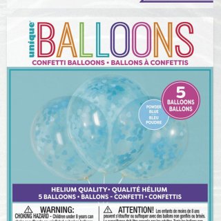 Balónek transparentní 41cm potisk - srdíčka modré konfety, 5ks