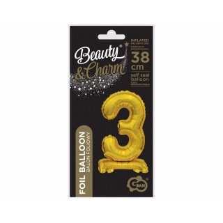 Fóliový balónek ČÍSLICE 3, stojací pouze na vzduch - zlatá barva, velikost 38cm (zn. Godan-Beauty&Charm)