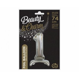 Fóliový balónek ČÍSLICE 1, stojací pouze na vzduch - stříbrná barva, velikost 74cm (zn. Godan-Beauty&Charm)