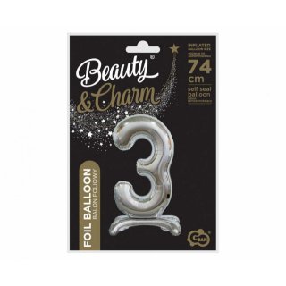 Fóliový balónek ČÍSLICE 3, stojací pouze na vzduch - stříbrná barva, velikost 74cm (zn. Godan-Beauty&Charm)