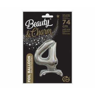 Fóliový balónek ČÍSLICE 4, stojací pouze na vzduch - stříbrná barva, velikost 74cm (zn. Godan-Beauty&Charm)