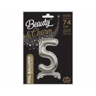 Fóliový balónek ČÍSLICE 5, stojací pouze na vzduch - stříbrná barva, velikost 74cm (zn. Godan-Beauty&Charm)
