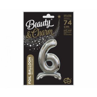 Fóliový balónek ČÍSLICE 6, stojací pouze na vzduch - stříbrná barva, velikost 74cm (zn. Godan-Beauty&Charm)