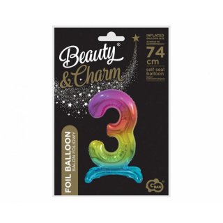 Fóliový balónek ČÍSLICE 3, stojací pouze na vzduch - duhová barva, velikost 74cm (zn. Godan-Beauty&Charm)