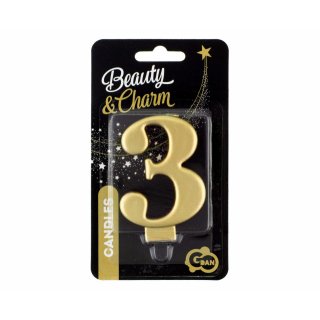 Svíčka na dort, ČÍSLICE 3, zlatá metalická barva - velikost 8cm (zn. Godan-kolekce Beauty&Charm)