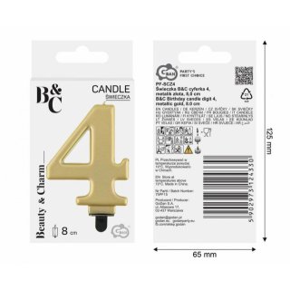 Svíčka na dort, ČÍSLICE 4, zlatá metalická barva - velikost 8cm (zn. Godan-kolekce Beauty&Charm)