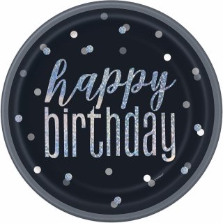 Papírové talířky Happy Birthday - metalické, 22cm, set 8ks (zn. UNIQUE)