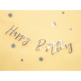 Závěsný banner Happy Birthday, papírový, stříbrná barva - 16.5x62cm (zn. PartyDeco)